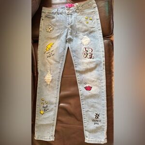 Betsey Johnson-Graffiti Doodles Embellished-Skinny Jeans-Light Blue-Girls-sz 10